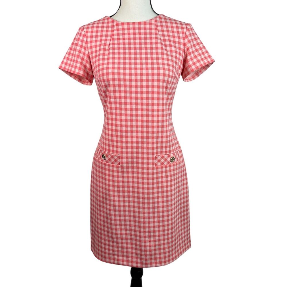 Tommy Hilfiger Women's Sheath Dress 2 Pink White Gingham Short Sleeve Preppy